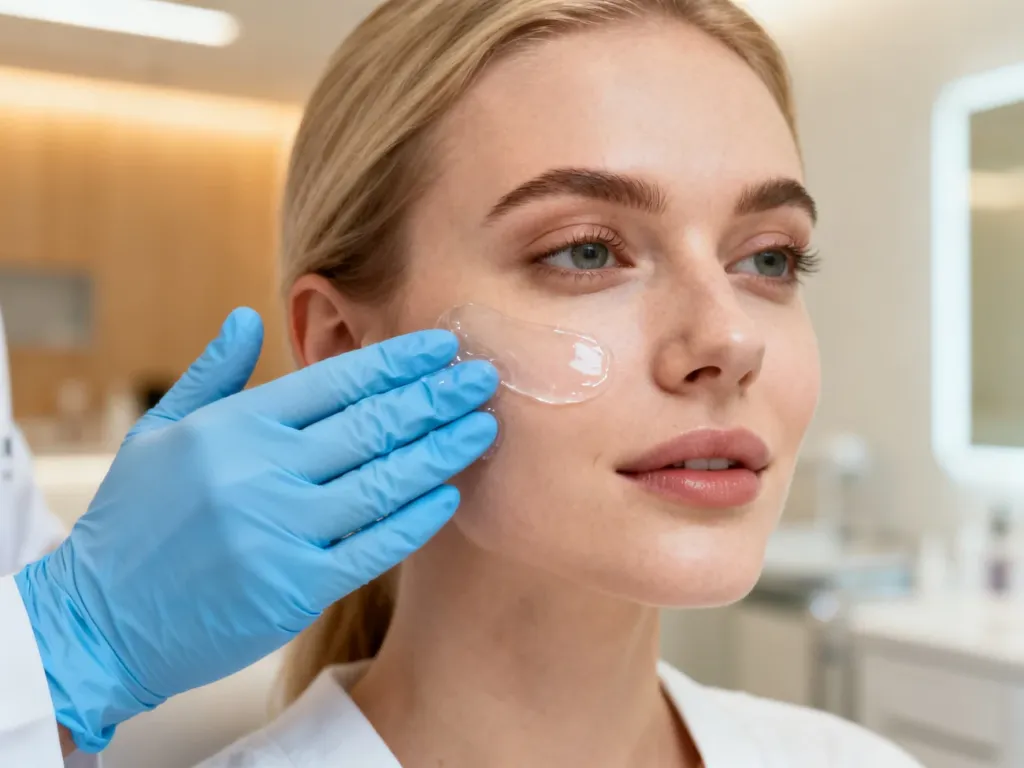 Dermatolog nakłada żel złuszczający na twarz pacjentki w nowoczesnym gabinecie medycyny estetycznej.
