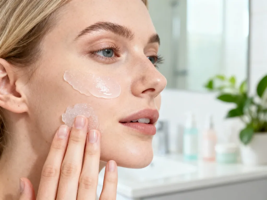 Kobieta nakłada delikatny peeling enzymatyczny na policzek w jasnej, minimalistycznej łazience.