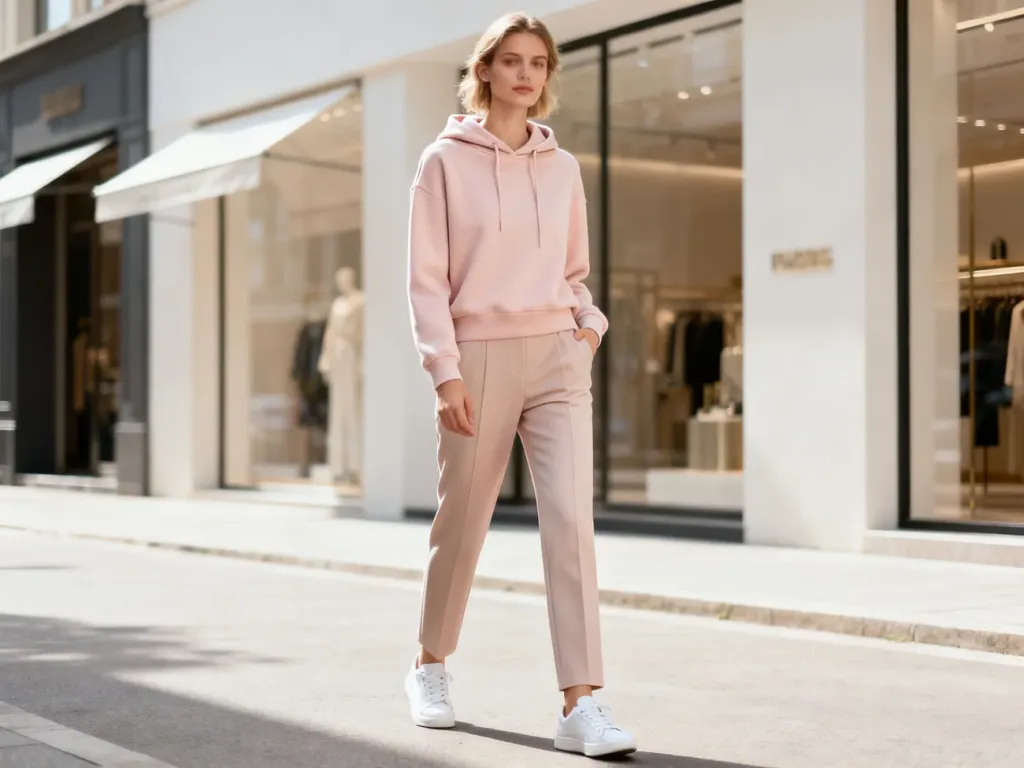 Kobieta w eleganckiej pastelowej bluzie z kapturem, klasycznych spodniach i białych sneakersach na stylowej miejskiej ulicy.