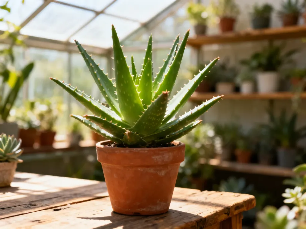 Zdrowy aloes w terakotowej doniczce na drewnianym stole, oświetlony naturalnym światłem w słonecznej szklarni.