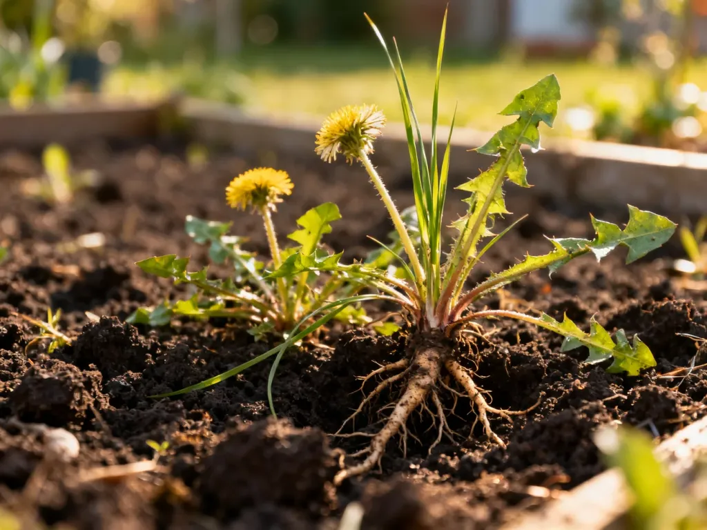 Korzenie perzu i mniszka lekarskiego wyrastające z żyznej gleby, ilustrujące problem uporczywych chwastów w ogrodzie.