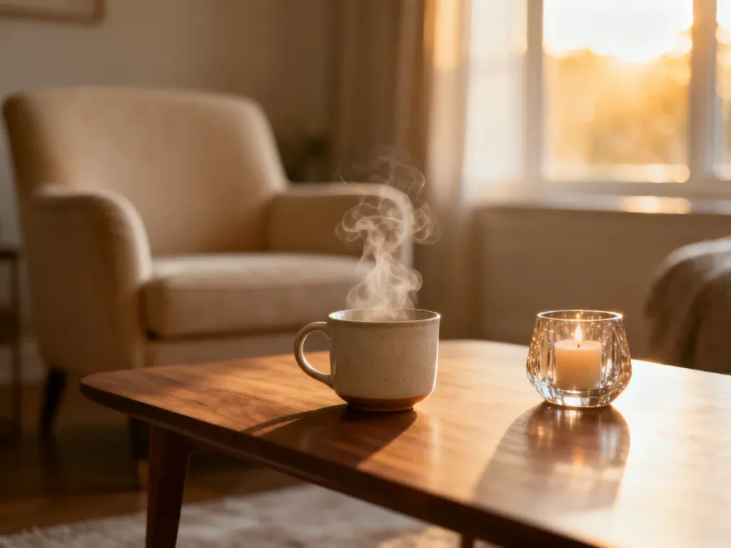 Przytulny salon w odcieniach beżu z parującą filiżanką i świecą, tworzący ciepłą, relaksującą atmosferę wnętrza.
