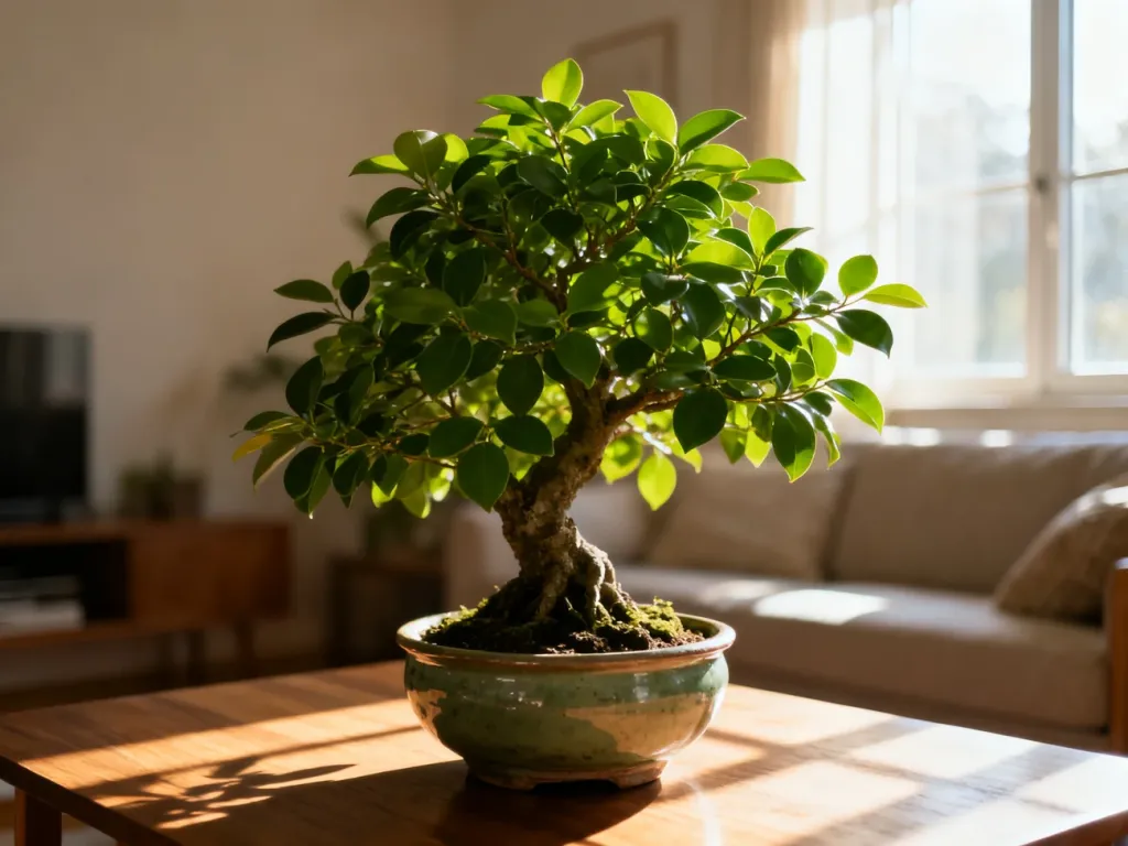 Bonsai Ficus microcarpa w ceramicznej doniczce na drewnianym stole w słonecznym salonie.