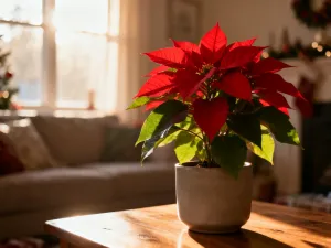 Bujna palma areka w ceramicznej doniczce na drewnianym stole, oświetlona porannym światłem w nowoczesnym wnętrzu.
