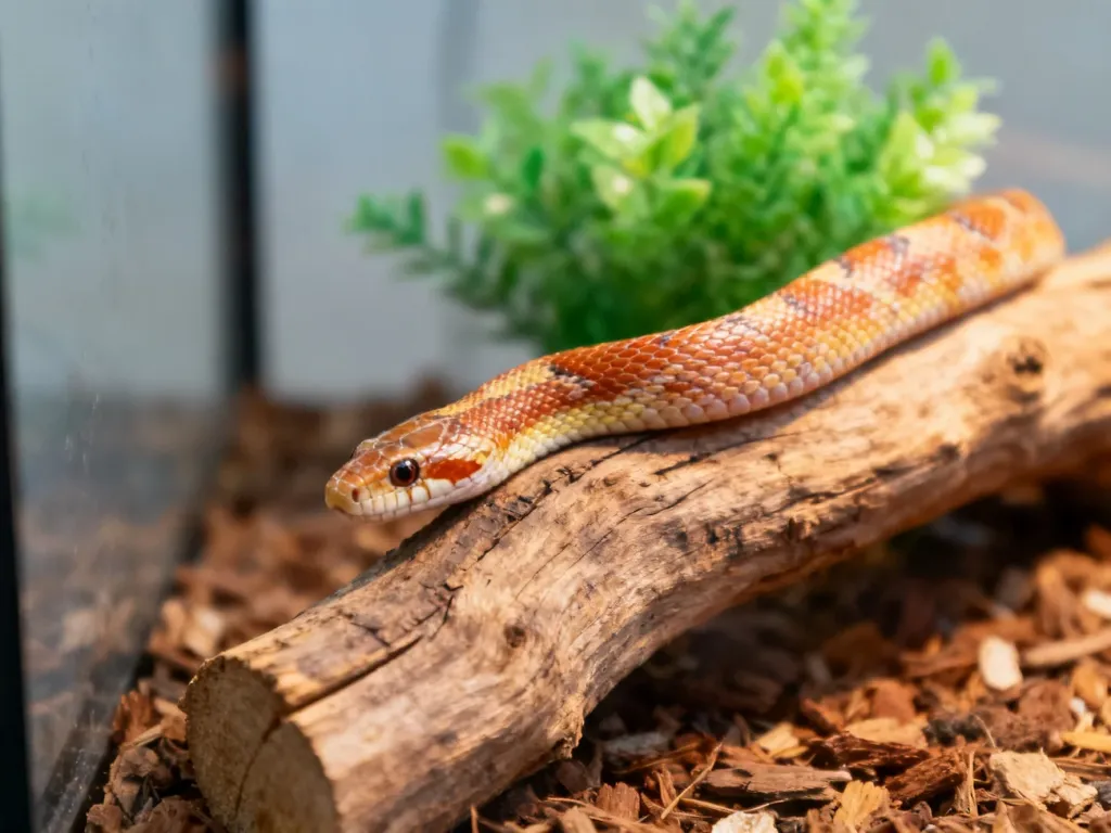 Wąż zbożowy spoczywający na drewnianej gałęzi w terrarium z roślinnością i specjalistycznym podłożem.