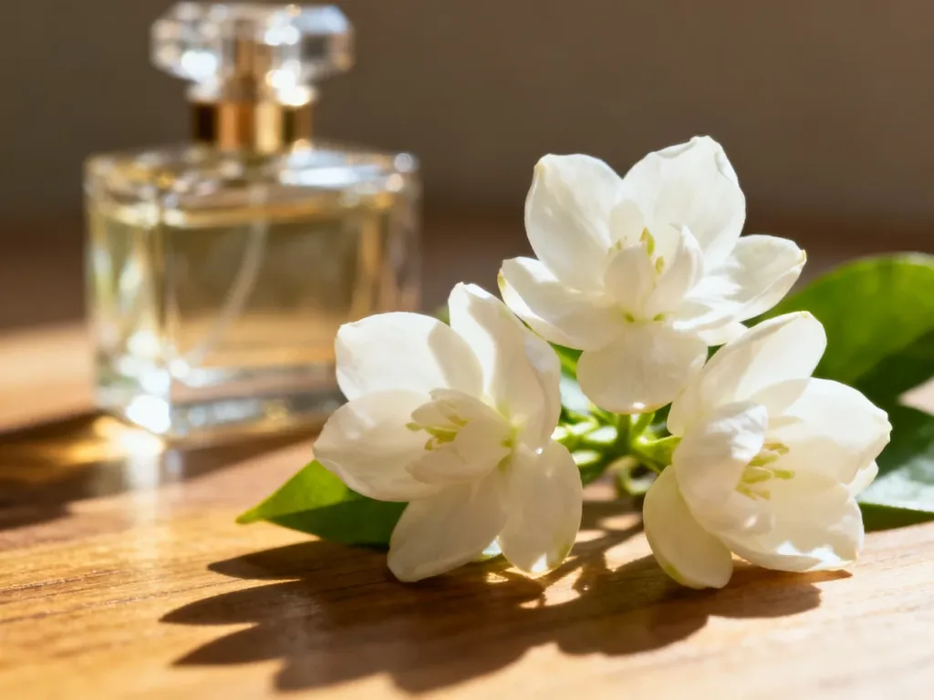 Delikatne białe kwiaty jaśminu w pełnym rozkwicie obok eleganckiego flakonu perfum na drewnianym tle.