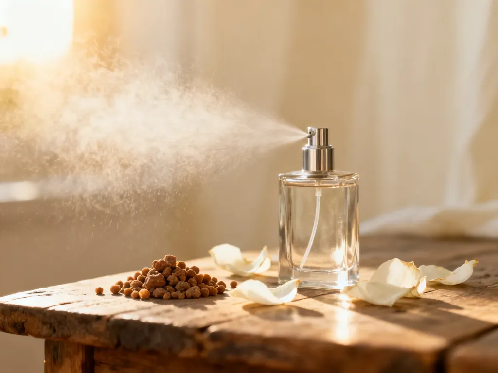 Rozpylona mgiełka perfum obok ziaren piżma i białych płatków kwiatów na drewnianym stole w ciepłym świetle zachodzącego słońca.