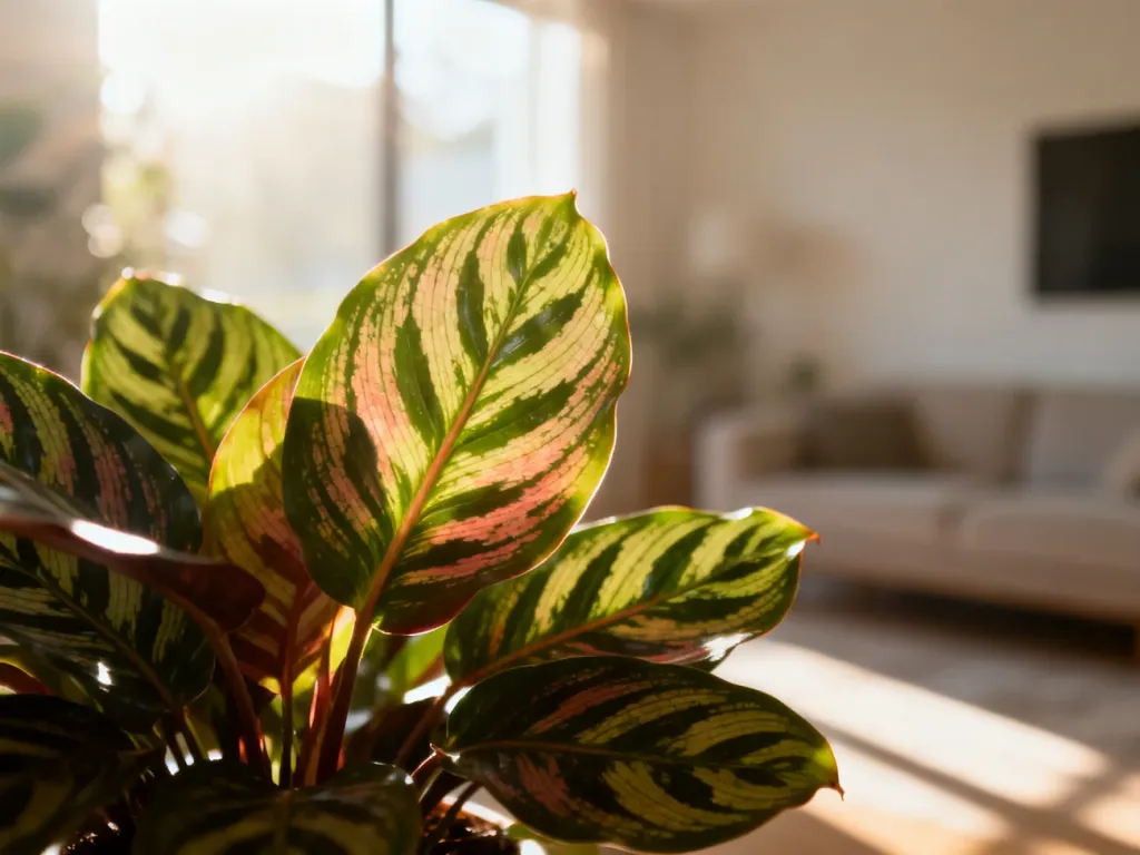 Zbliżenie na wzorzyste liście rośliny Calathea oświetlone porannym światłem w przytulnym, minimalistycznym wnętrzu.