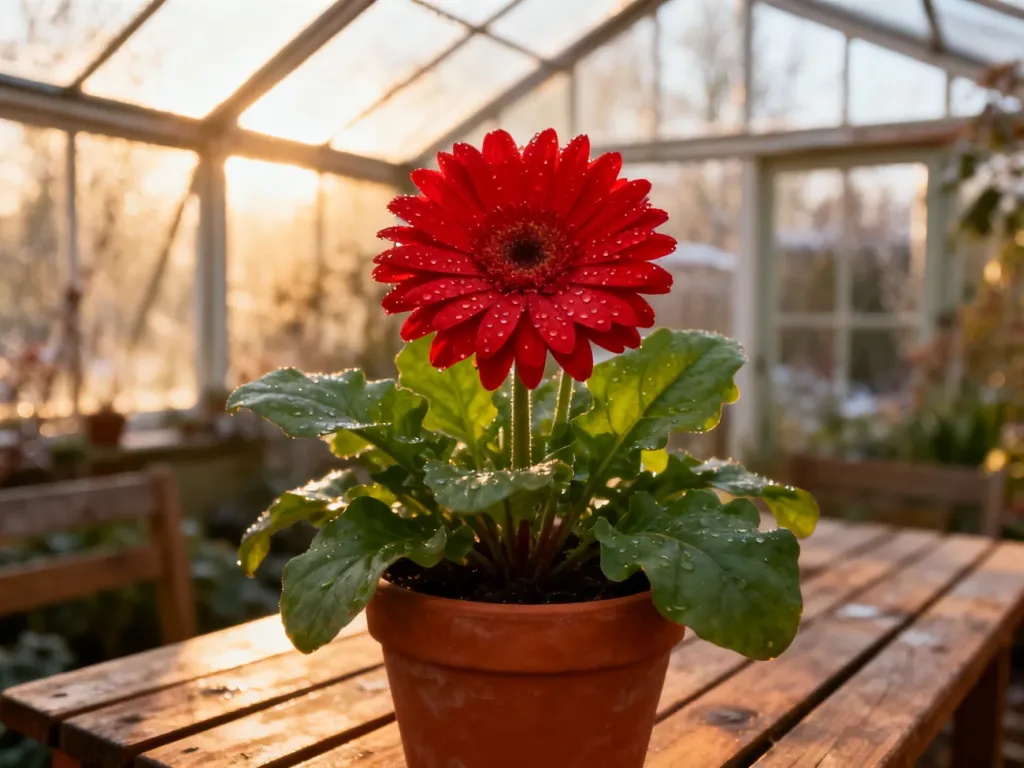 Czerwony kwiat Sundaville w doniczce na drewnianym stole w ogrodzie zimowym, oświetlony porannym światłem.