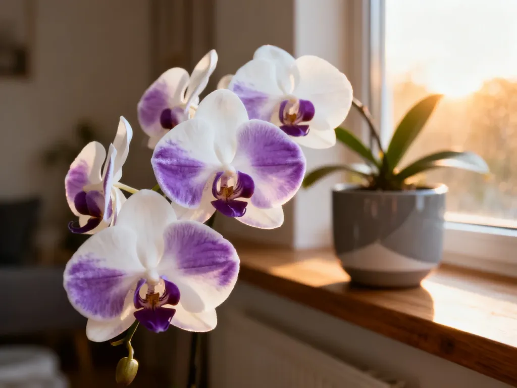 Kwitnący storczyk Phalaenopsis o biało-fioletowych płatkach na słonecznym parapecie. Idealny przykład zdrowej rośliny domowej.