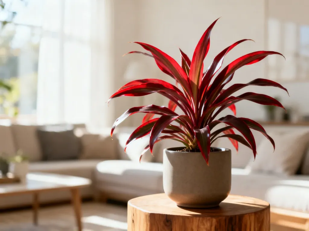 Dracena marginata w minimalistycznej doniczce na drewnianym postumencie w jasnym, słonecznym salonie.