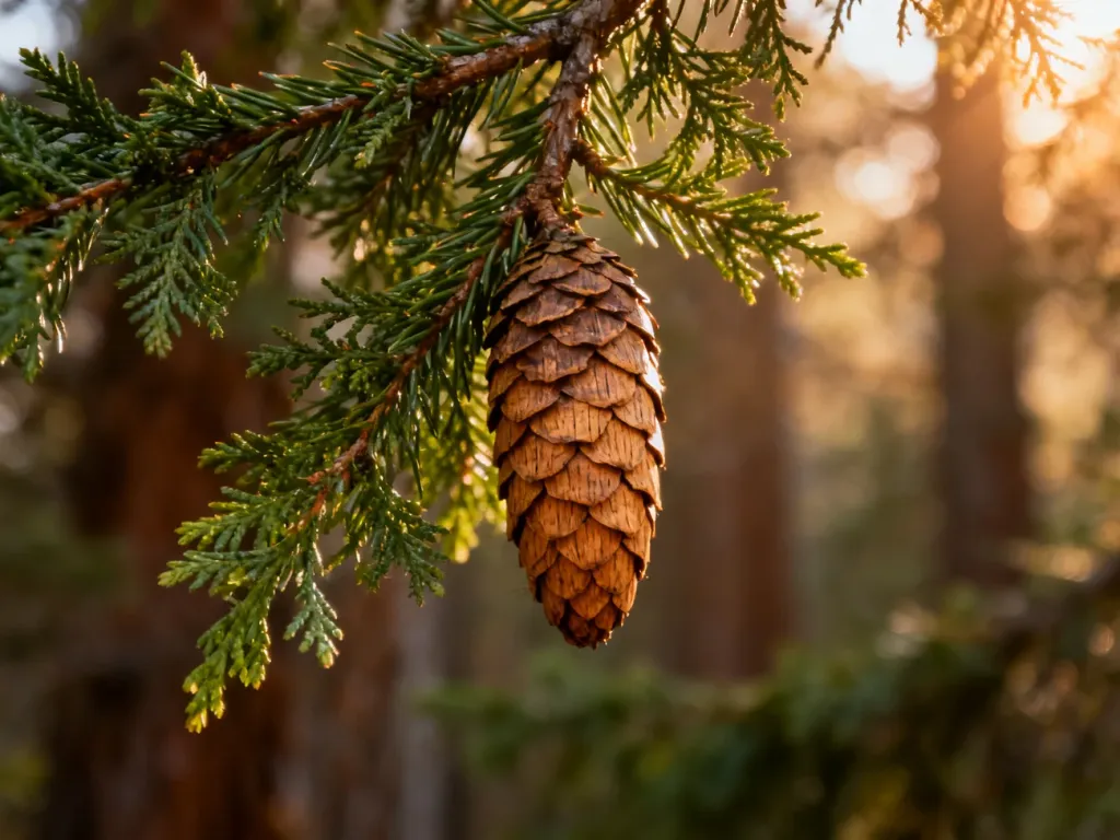 Gałązka cedru z igłami i szyszką w promieniach porannego słońca, podkreślająca naturalny charakter drzewa.