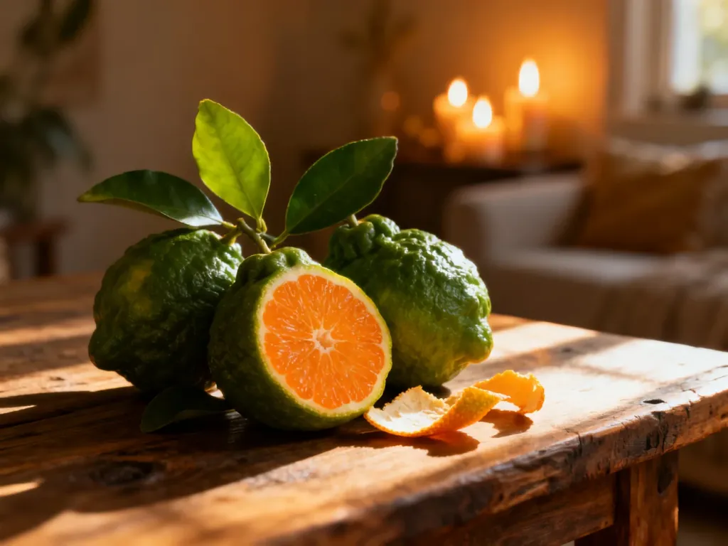 Świeże owoce bergamotki na drewnianym stole w otoczeniu ciepłego blasku świec, podkreślające naturalny charakter aromatu.