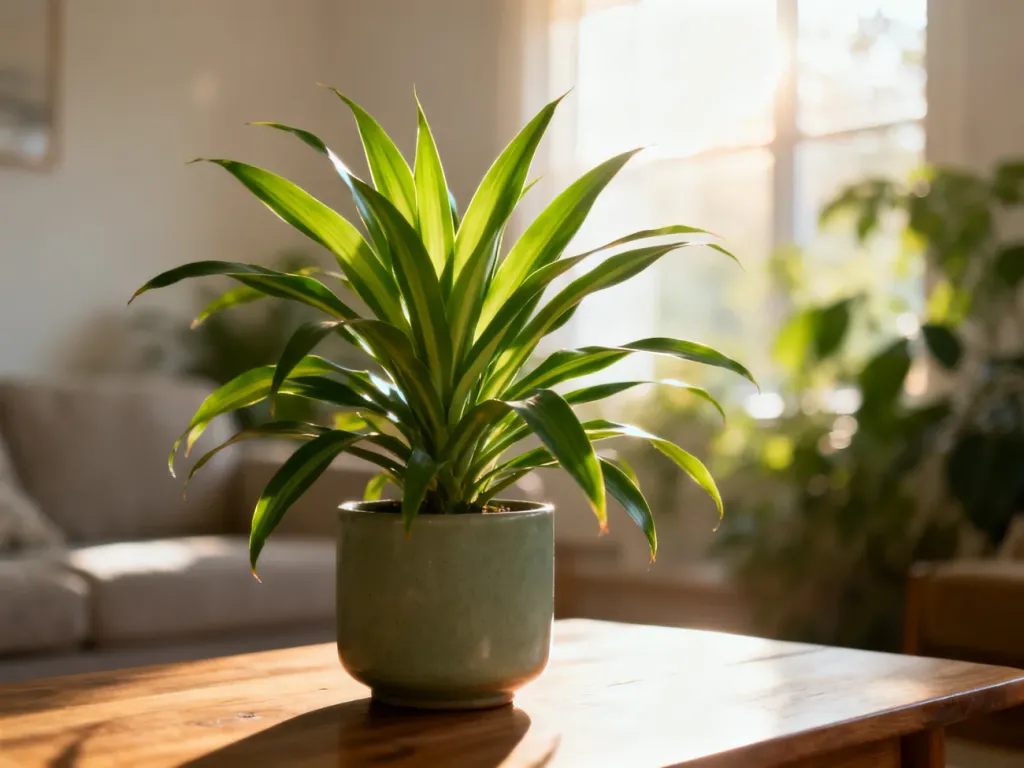 Dracena w minimalistycznej doniczce na drewnianym stole w jasnym, słonecznym salonie.